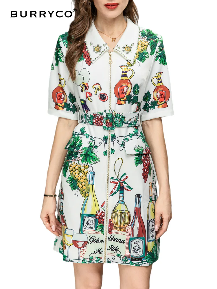 

BURRYCO 2023 Summer Women's New Original Design Printed Handmade Beaded Contrast Belt Lapel Slim Dress