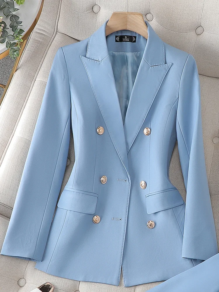 

High Quality Female Blazer Women Blue Apricot Triple Breasted Slim Jacket Office Ladies Business Work Wear Formal Coat REFER