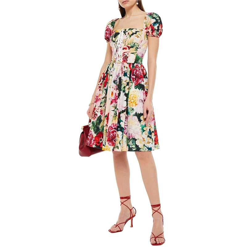 2022 Summer New Poplin One Word Neck Flower Print Puff Sleeve Dress Women's High Quality Fashion Lace Up Waist A-LineShort Skirt