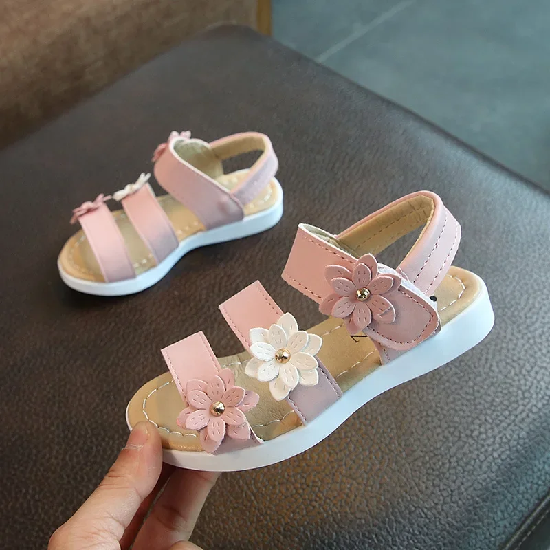 Fashion Girls Sandals Sweet Flowers Cute Princess Shoe Simple Versatile Girl Shoes New Summer Design Child Shoes Roman Sandals 4
