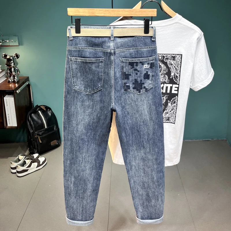 

Fashion Recommendation Ins Trendy Jeans Men's Slim Fit Feet Spring and Summer Thin Light Blue Cropped Pants Men
