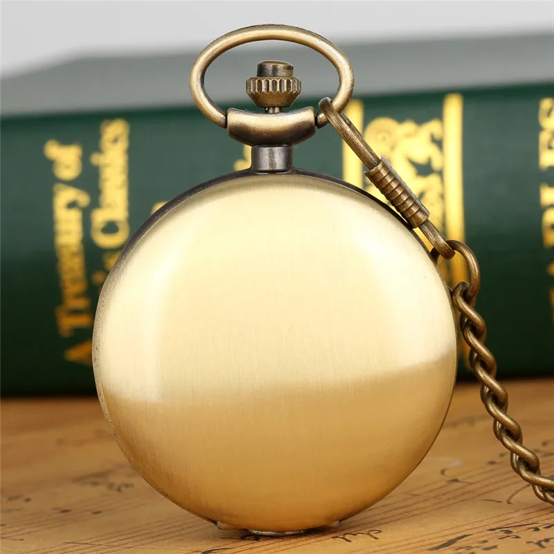 

Retro Smooth Full Hunter Case Men Women Bronze Pendant Quartz Pocket Watch Fob Click Chain Arabic Number Display Timepiece Gift