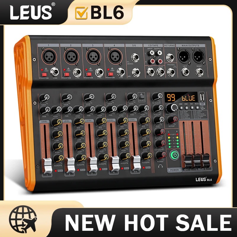LEUS BL4/6 Channel 99 DSP Effect Audio Mixer Record PC 48V Phantom Power USB Sound Mixers Bluetooth DJ Console Mixing Karaok audio mixer