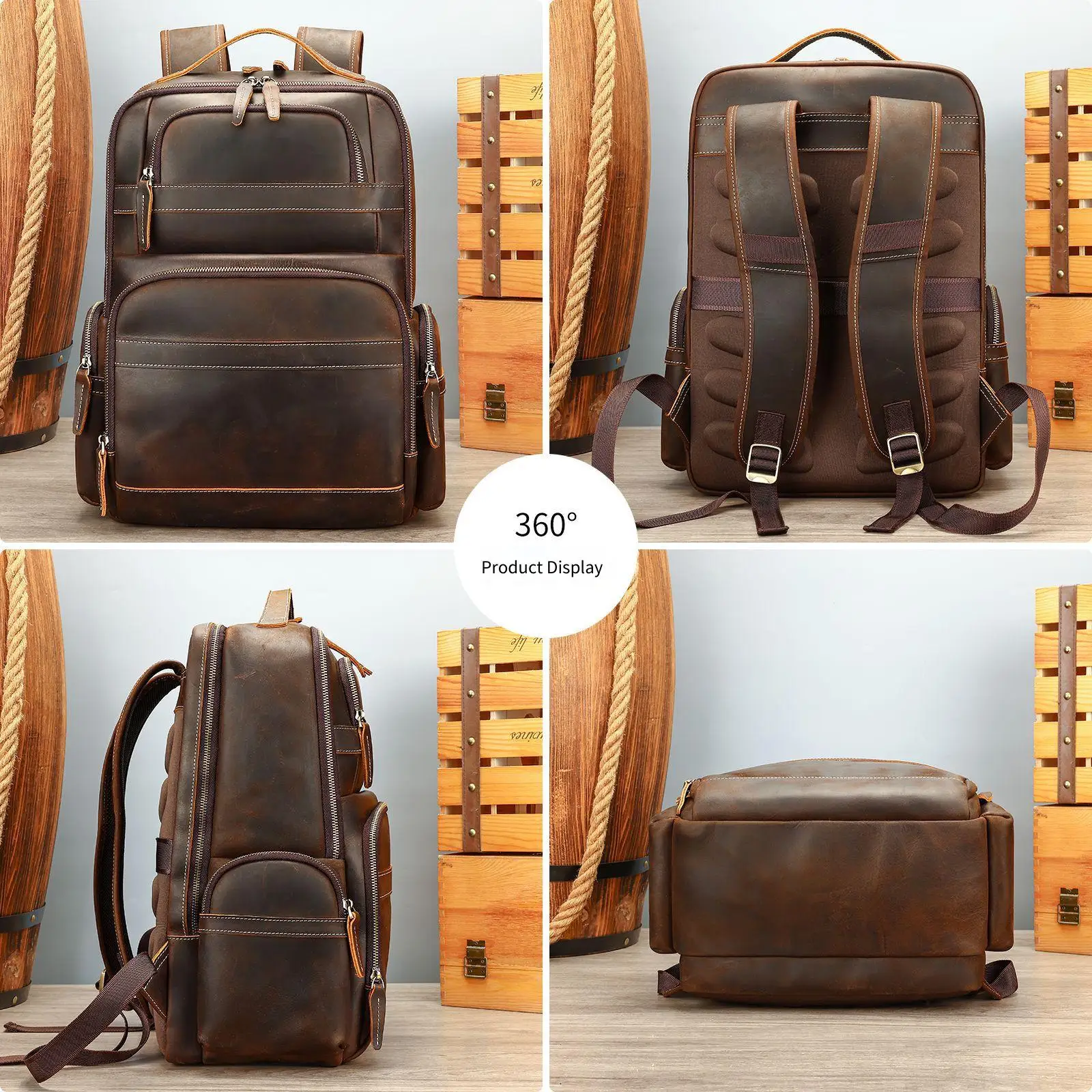 Vintage Crazy Horse Leather Backpack Large Capacity Travel & Laptop Bag for Men