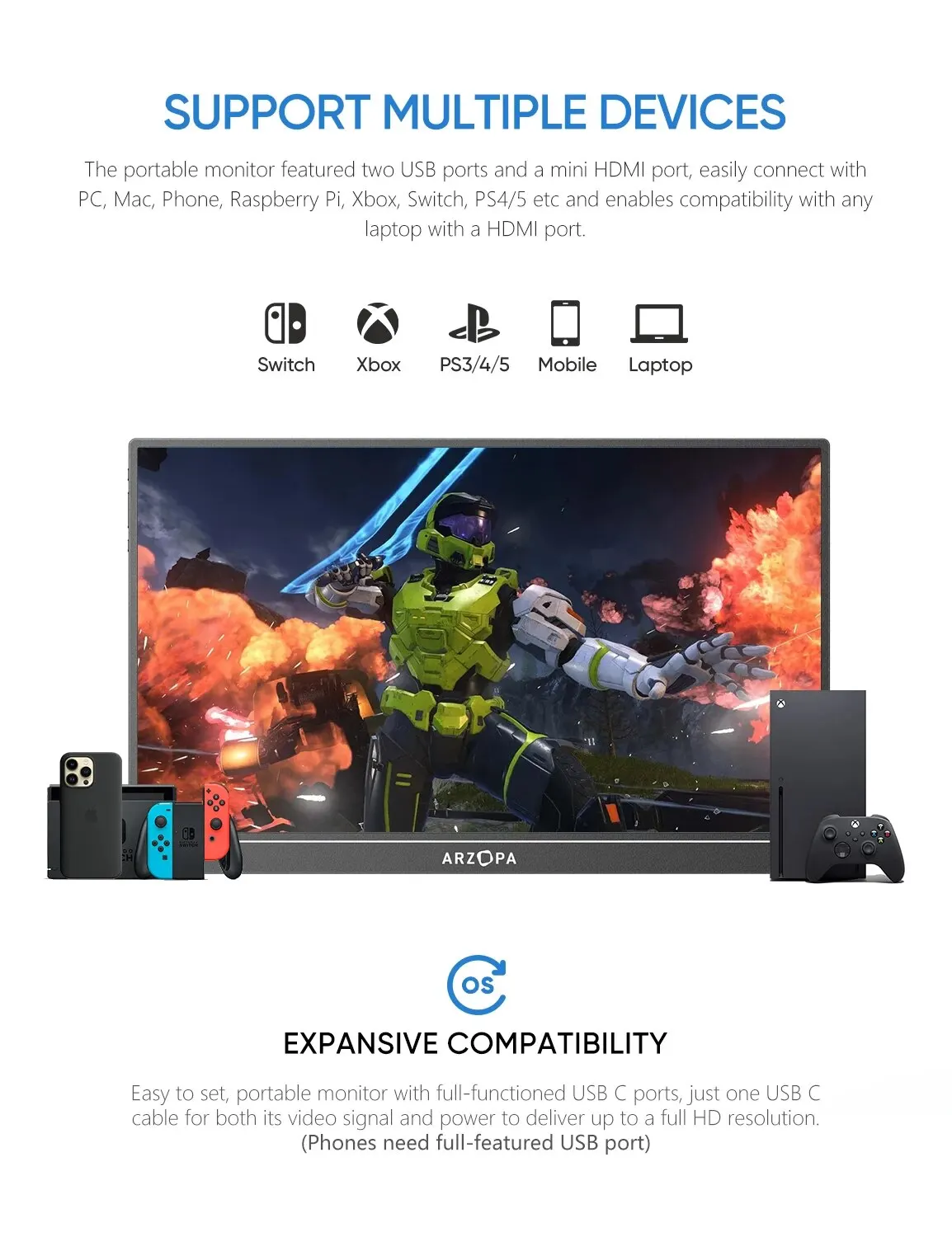 ARZOPA ޴ ̹  HDR   ũ, ġ, Xbox, PS5, Ʈ, PC, , , 16.1 ġ, 144Hz, 1080P FHD