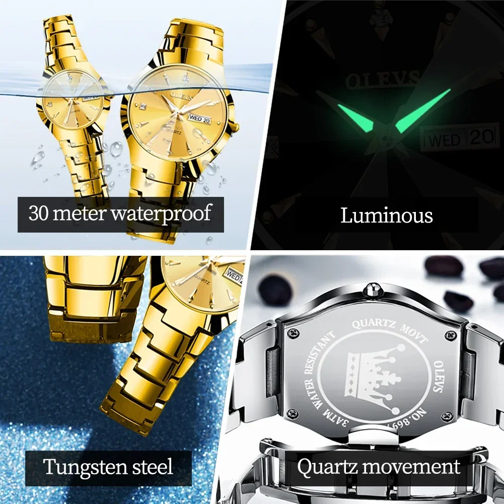OLEVS Luxury Quartz Watches for Men Golden Tungsten Steel Strap Men's Watches Waterproof Luminous Date Week Business Wrist Watch 3
