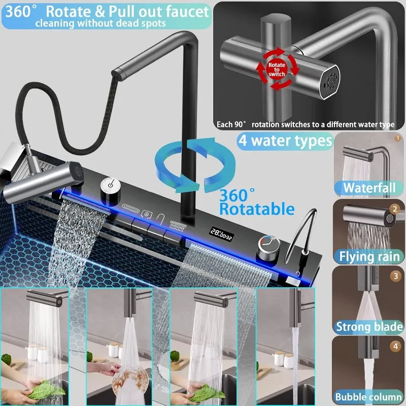 Kitchen Sink, Drop In Waterfall Sinks Workstation with Faucet Combo and Sink Cup Washer Stainless Steel Single Bowl Modern Smart 3