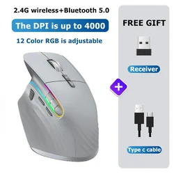 Rechargeable RGB LED Ergonomic Wireless Gaming Mouse with Bluetooth and 2.4G Connectivity (Gray)