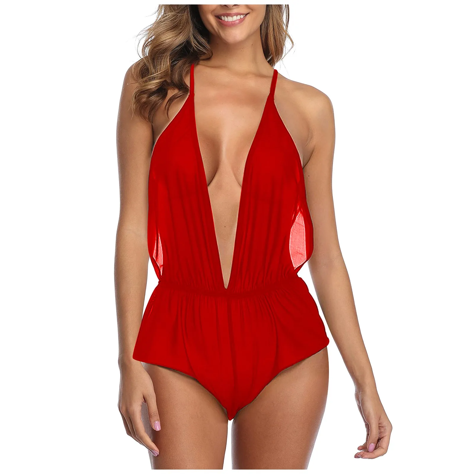 

Fun Lingerie Women's Deep V Sexy Open Back Mesh Hanging Neck Sleeping Dress Solid Bodysuit Nightie Gown Intimates Lenceria