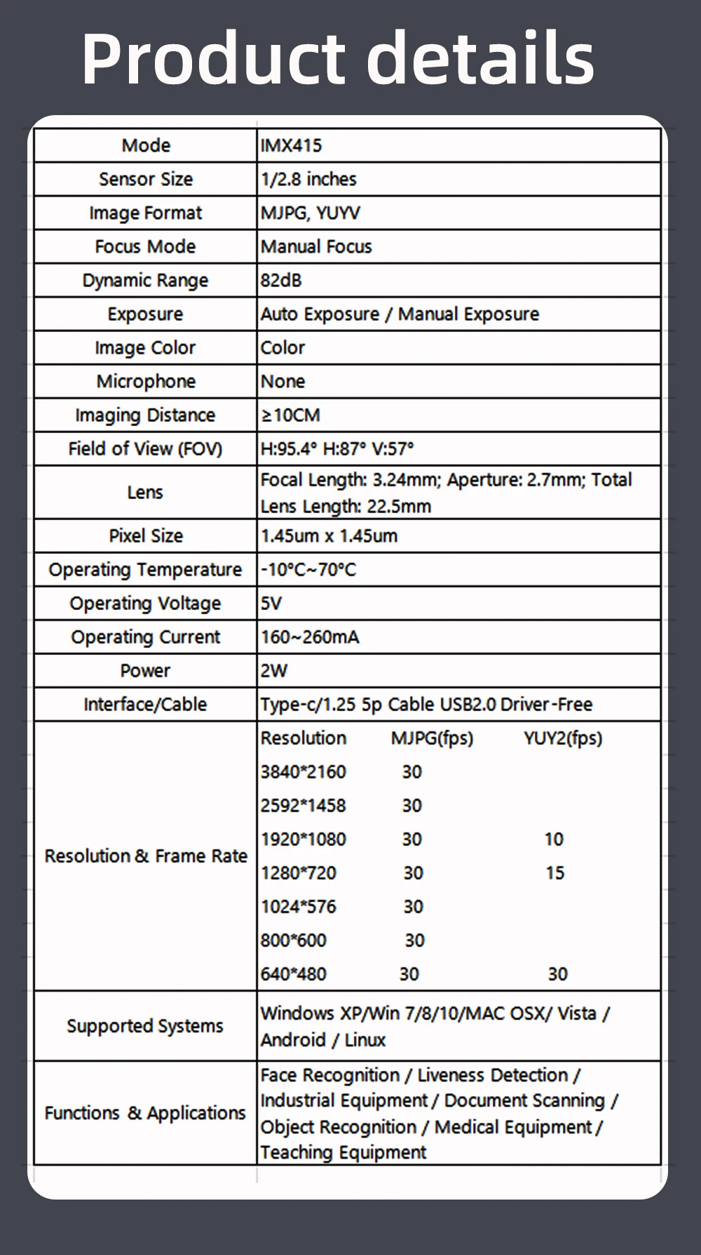 4K 8MP CMOS IMX415 Kameramodul USB Plug-and-Play Farbbildmodul, 30 fps Festfokus OTG UVC Kompatibel Plug-and-Play – Detail 2