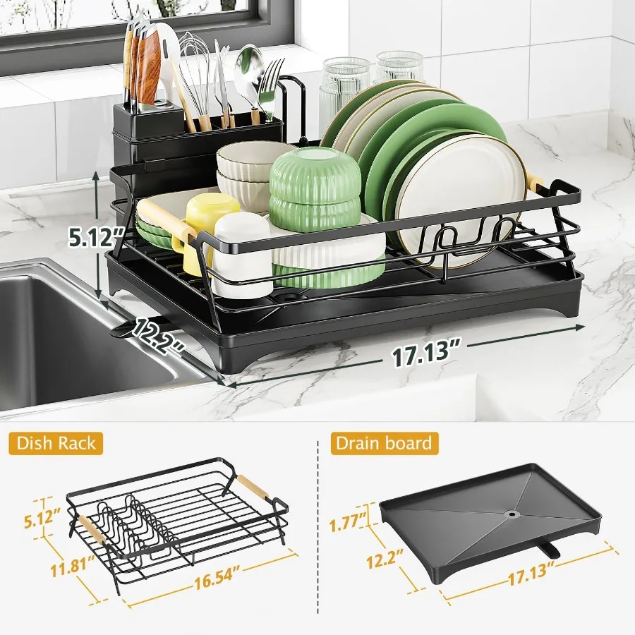 Dish Drying Rack for Kitchen CounterSpaceSaving Dish Rack Rustproof Dish Drainer with Utensil Holder and Knife Slots for Sink K