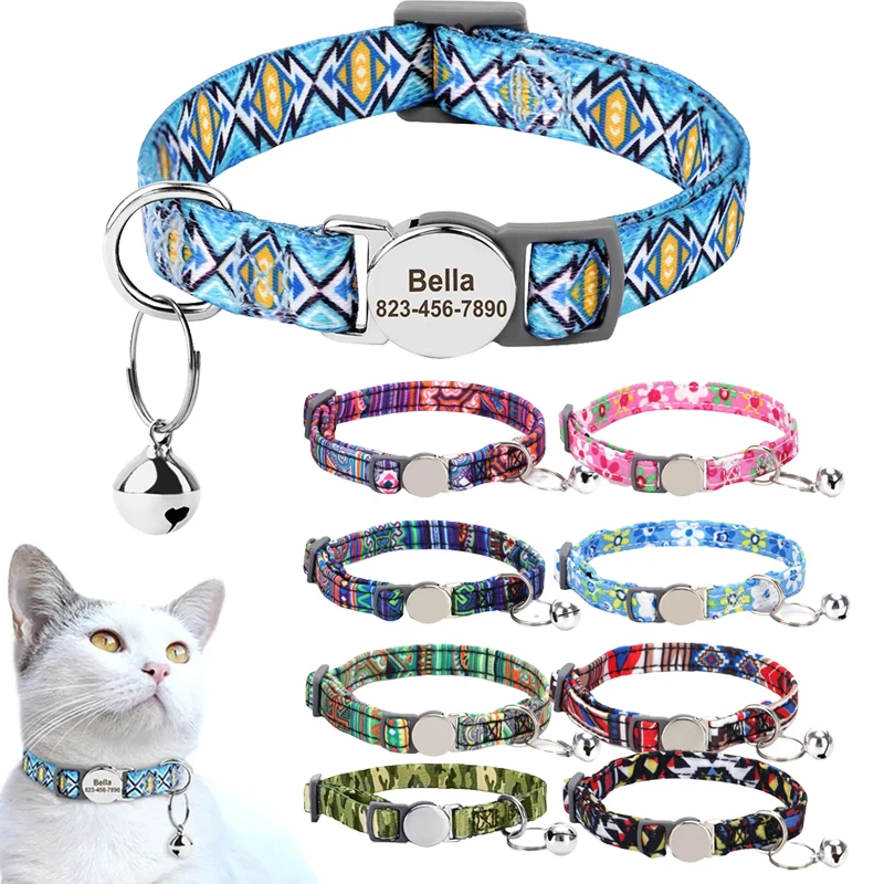 

1PCS Personalized Printed Cat Collar Adjustable Kitten Puppy Collars with Free Engraved ID Nameplate Bell Anti-lost Cats Collars