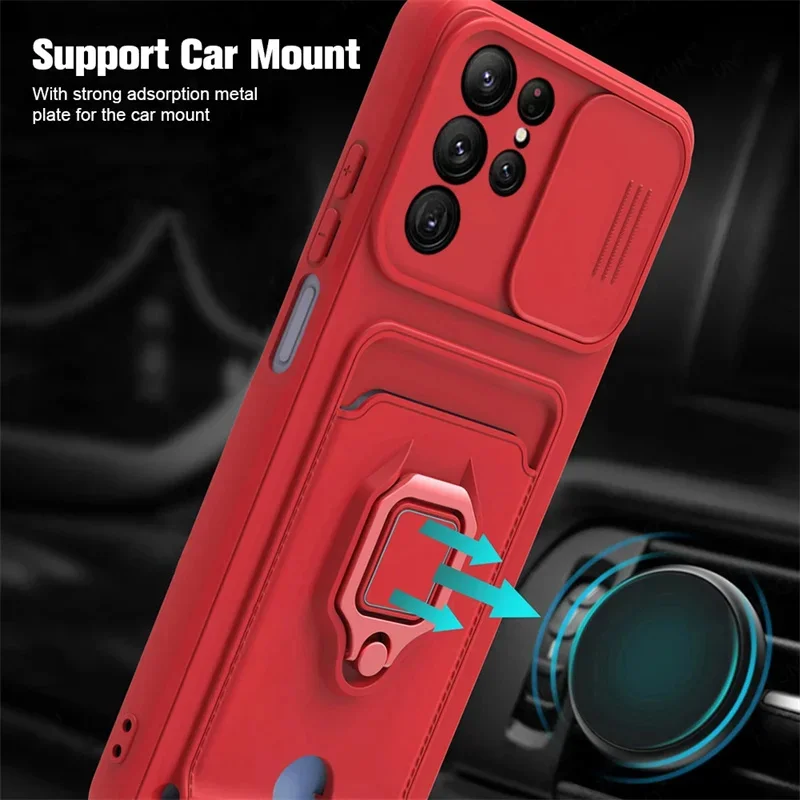 Push Window Card Slot Case with Ring Holder and Magnetic Closure - Premium Phone Cover