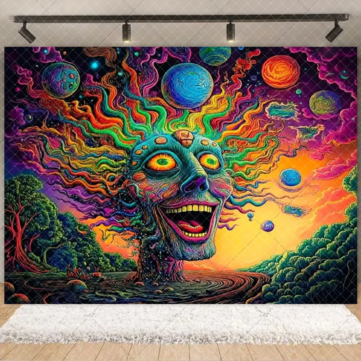 Psychedelischer Cyberpunk-Totenkopf-Augen-Wandteppich, Pilzwald, verträumtes Schlafzimmer, böhmischer Hintergrund, Fantasy-Energiefeld-Kunstdekorationen – Detail 11