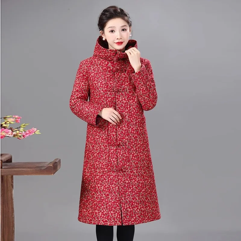 

Женское пальто средней длины в этническом стиле с капюшоном и пуговицами