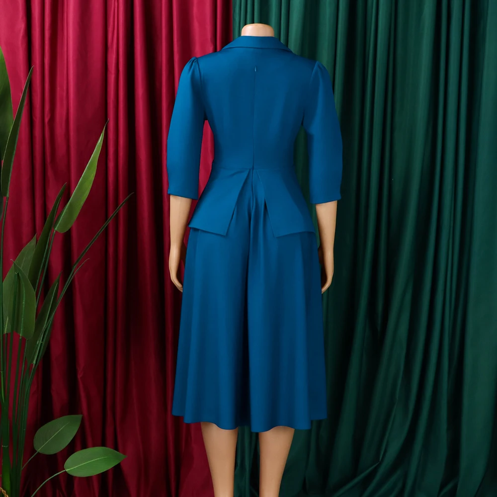 Trendige Frühlingskleider Damen Casual 3/4 Ärmel Anzugkragen V-Ausschnitt A-Linie Bürodamen-Kleid Elegantes Afrikanisches Kleid für Frauen – Detail 13