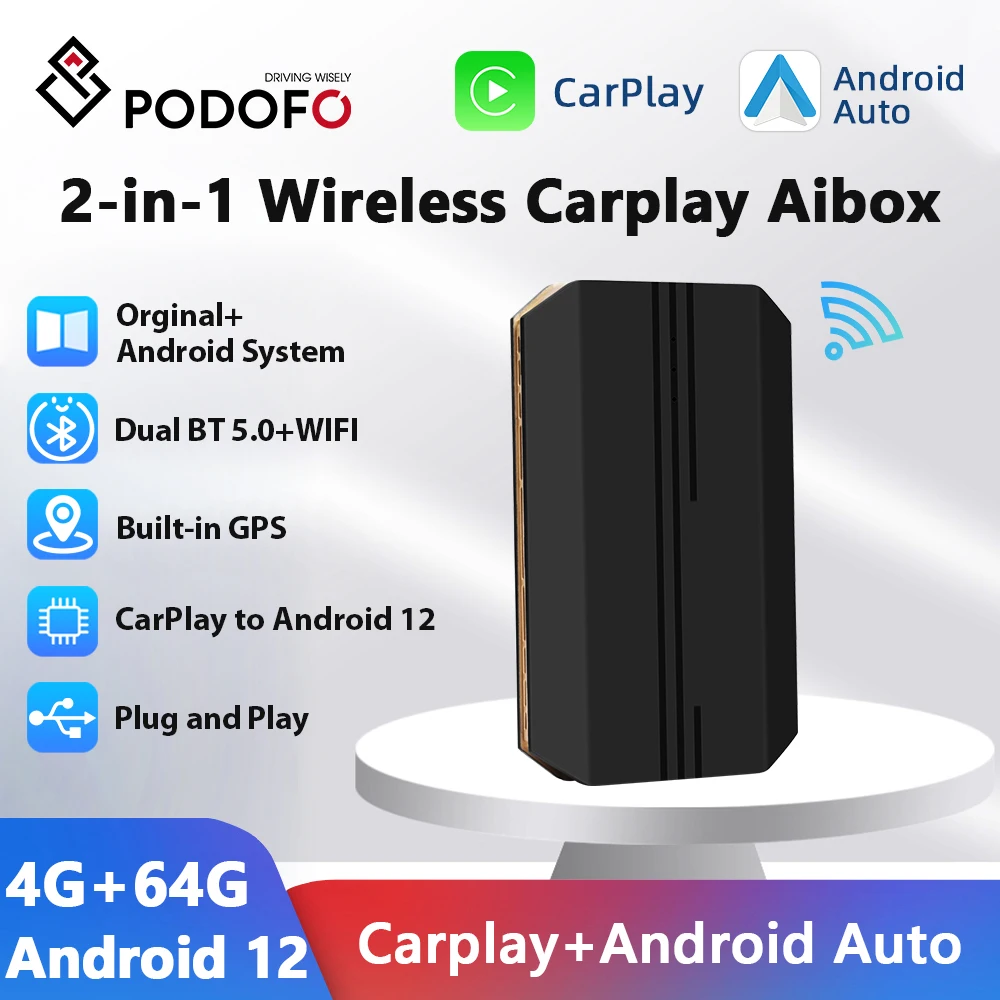 

Podofo 4 + 64G проводной беспроводной CarPlay Box Android 12 GPS-навигация Bluetooth дневной и ночной режим левый/правый руль