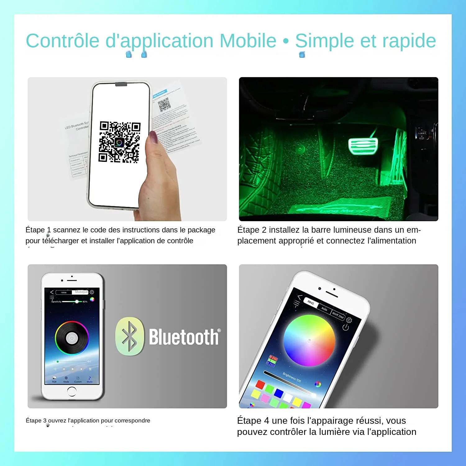 Generic Bande lumineuse RGB LED sous la voiture, 12V, IP65, contrôle par  application, couleur fluide, Tube 4 pièces 2/90*2/120 , lumière néon ,shop  3d à prix pas cher