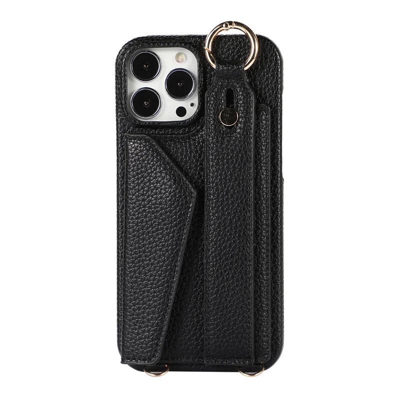 Solid Color Leather Wallet Case with Card Pocket and Ring Holder