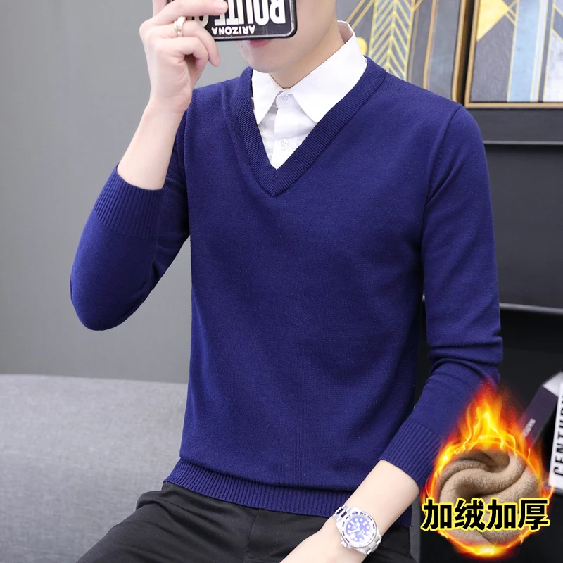 Men's Winter Knitted Sweater Pullover Print Korean Fashion Clothes Knitwears Clothing Solid V-neck Autumn New Trend Youth