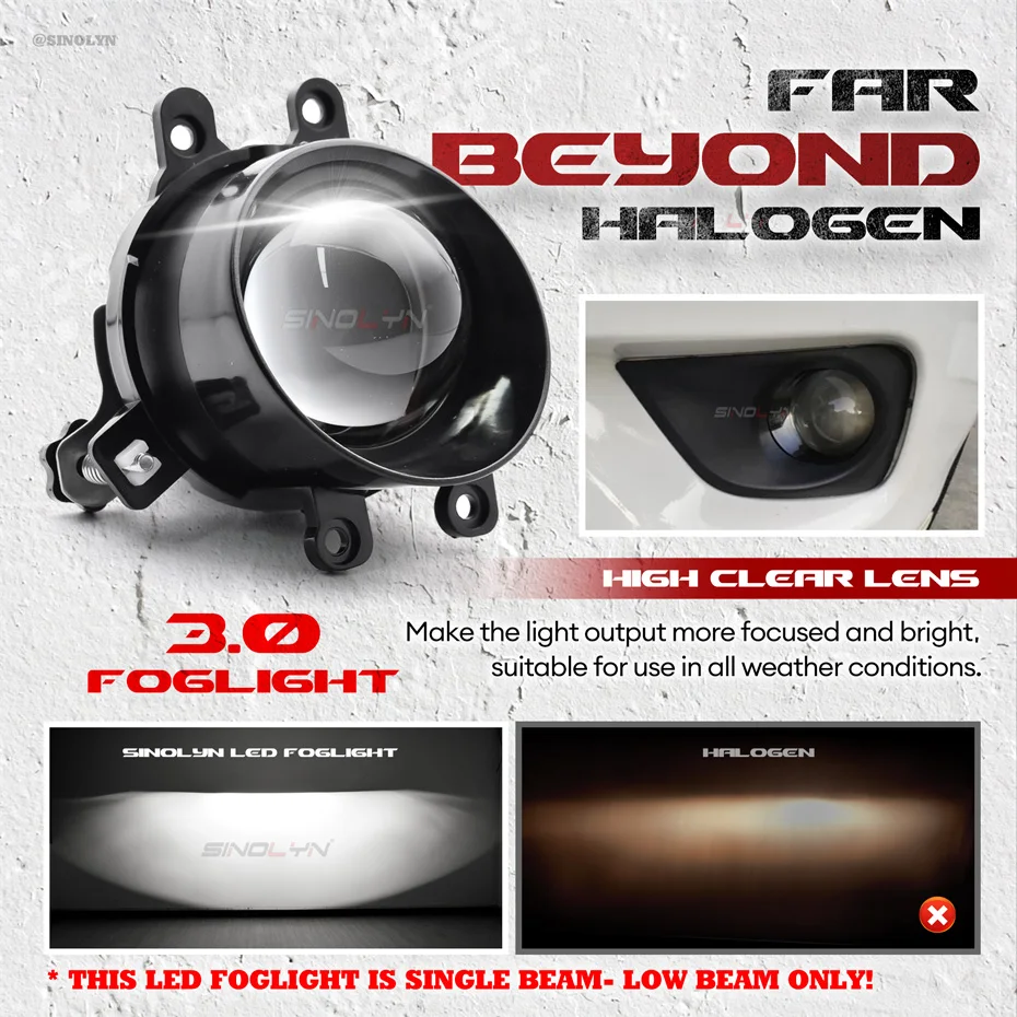 Sinolyn 3-Inch LED Fog Lights with Low Beam Lenses - Car Accessory Retrofit