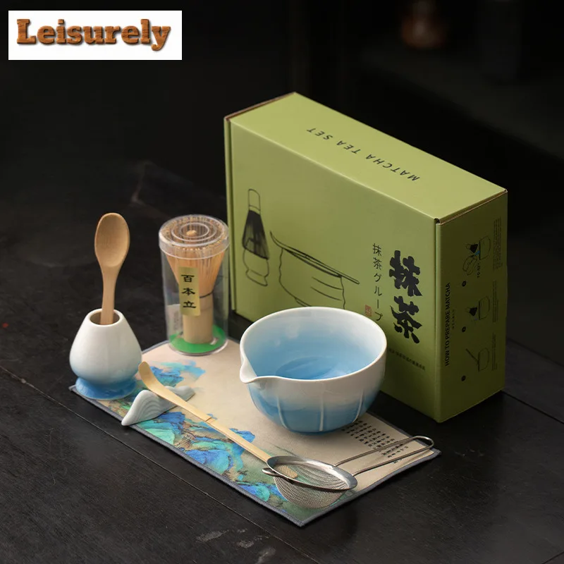 8PCS Creative Melon Ribbed Matcha Tea Set Japanese Ceremonial Gradient Color Ceramic Bowl Powder Whisk Gift Set Box Starter Kit