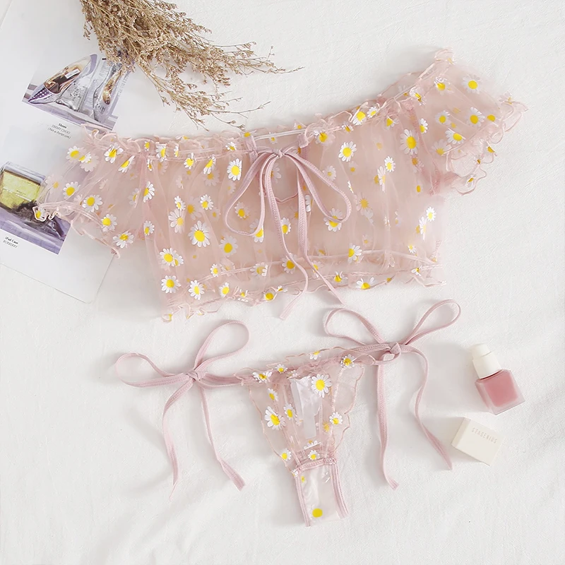 Seductive Summer Floral Lingerie Set - Off-Shoulder Bralette and Panties