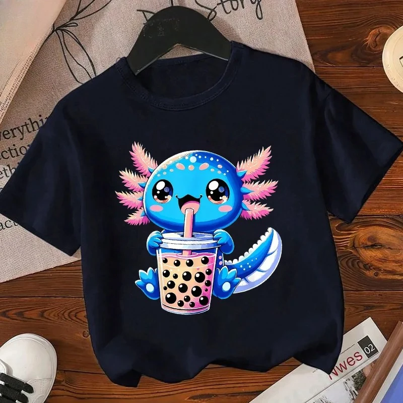 Axolotl Kawaii T Shirt Kid Summer Fashion T Shirt Children Streetwear Boba Axolotl Anime Casual Child Clothing Bithday Tshirts