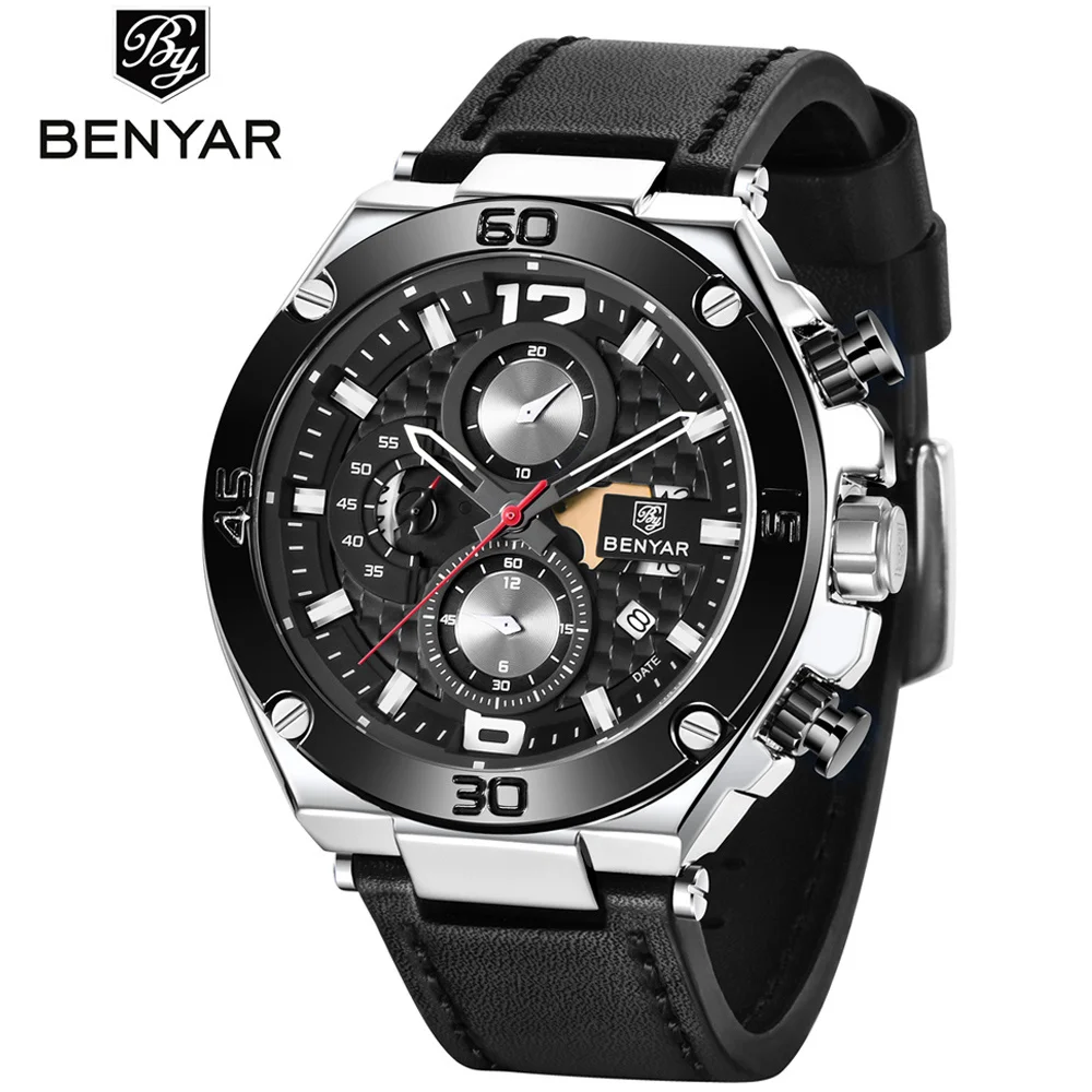 BENYAR Watch For Men Fashion Sports Chronograph Top Brand Luxury Quartz Watch Leather Strap Mens Quartz Watch Relogios Masculino