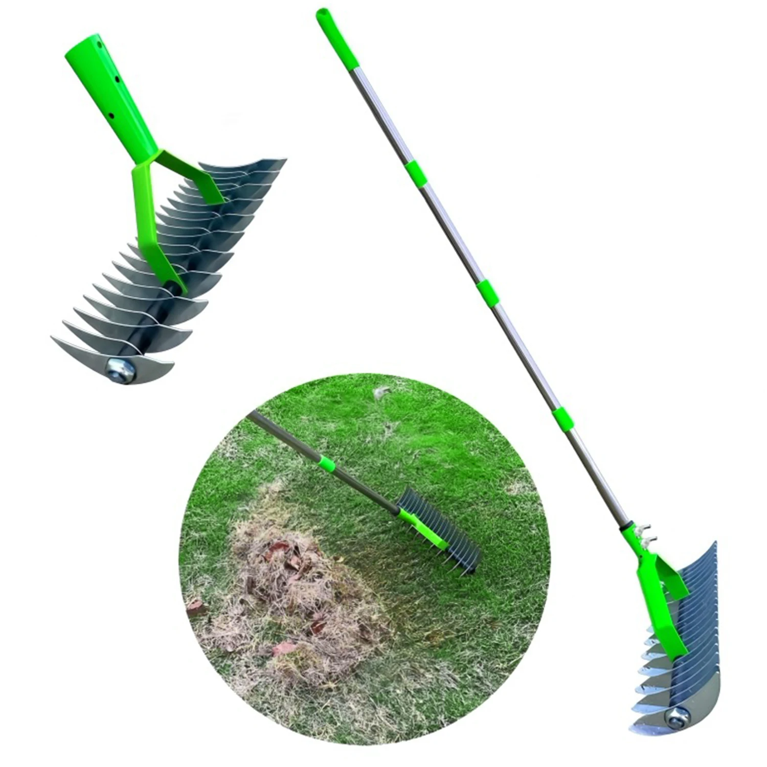 Alloy Steel Weed Harrow Garden Leaf Rake Twin-Head Weeding  3 Sections Removable Rods Garden Dethatcher for Clearing Hay 3