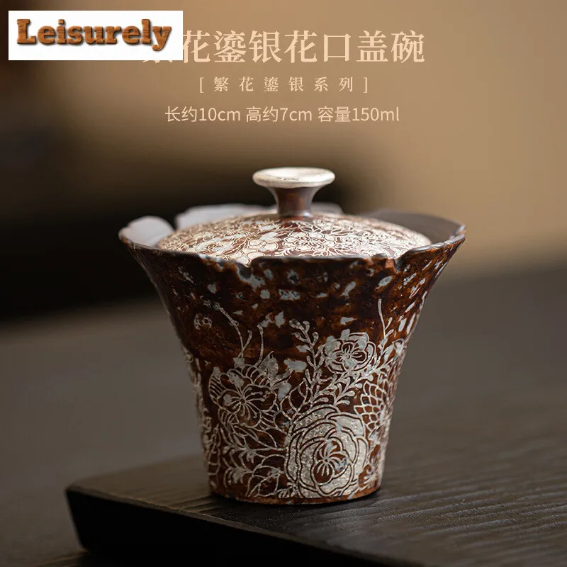 150ml Retro Gilded Silver Flower Mouth Gaiwan Zen Coarse Pottery  Tea Tureen Household Tea Maker Cover Bowl Chinese Tea Set Gift