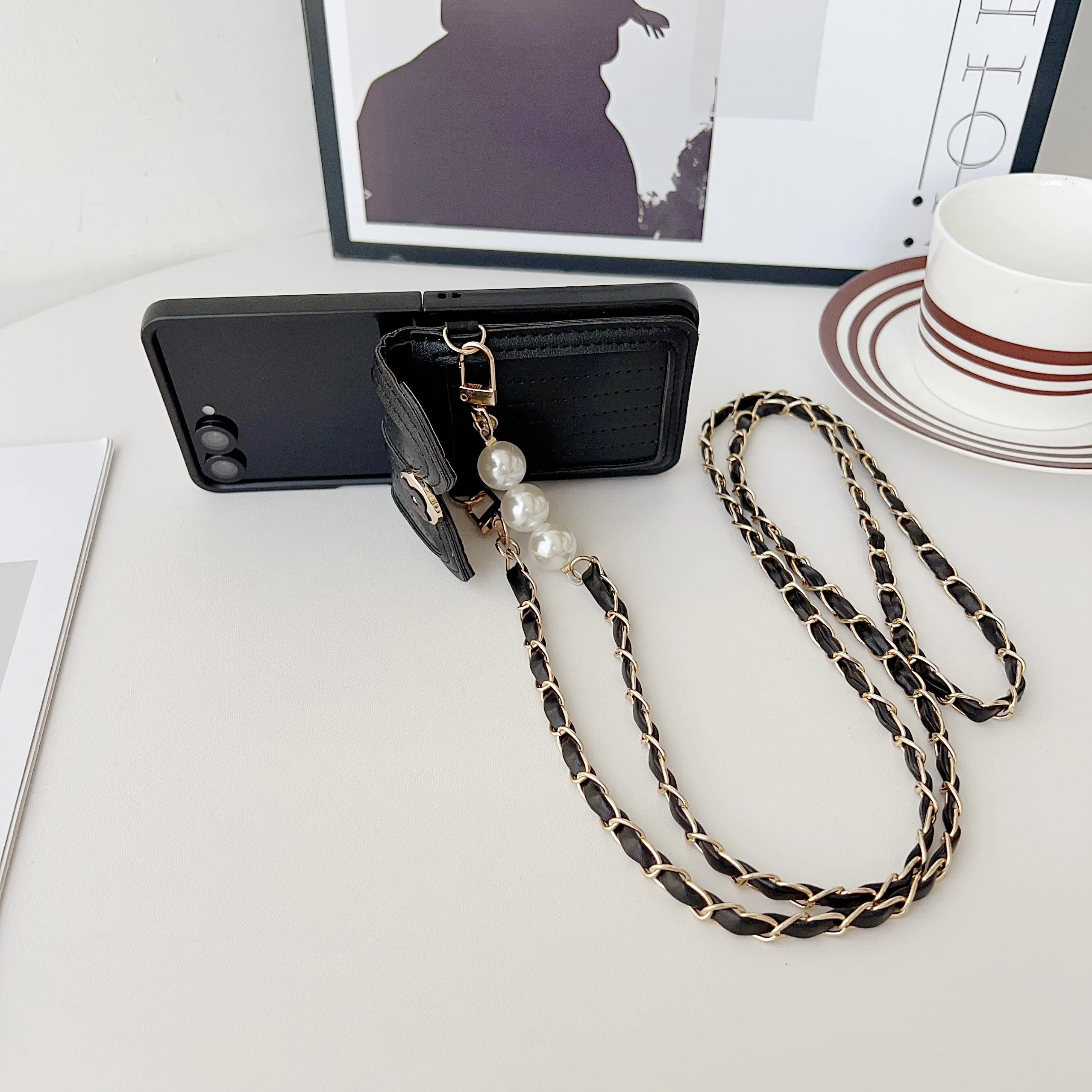 Luxury Pearl Rope Crossbody Leather Card Holder Case – High-End Protective Shell