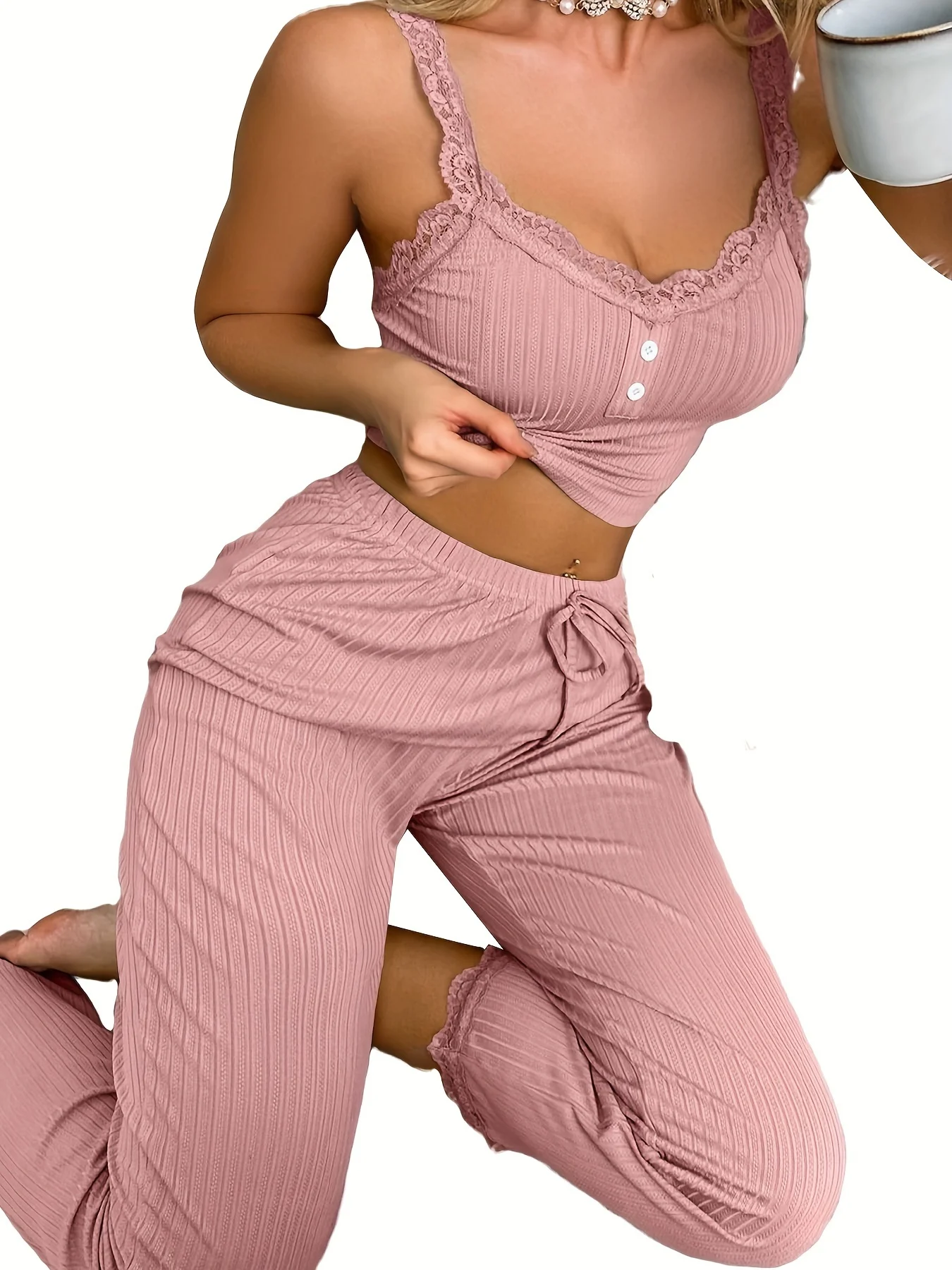 Women Ribbed Pajama Set Lace Trim Camisole Top & Drawstring Pants Sexy Sleepwear Autumn Soft Lounge Homewear