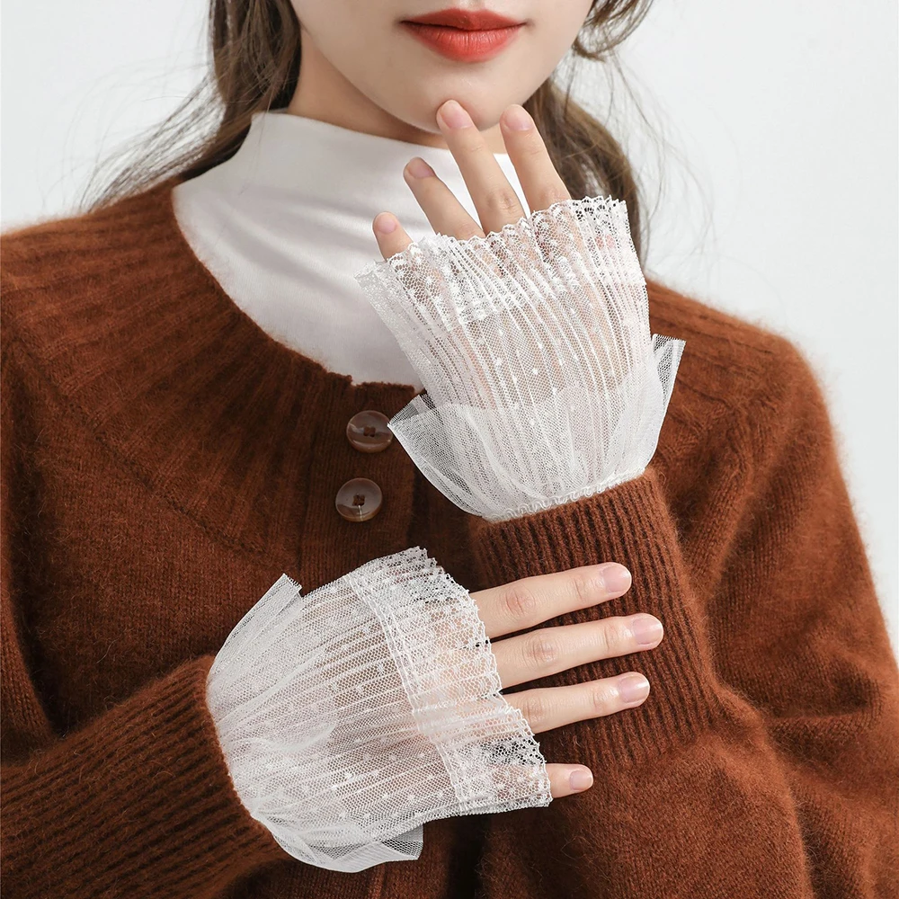 

1Pair Detachable Cuffs Pearl Lace Mesh Fake Flared Sleeves Double Layer Pleated Ruched False Cuffs Sweater Blouse Wrist Warmers