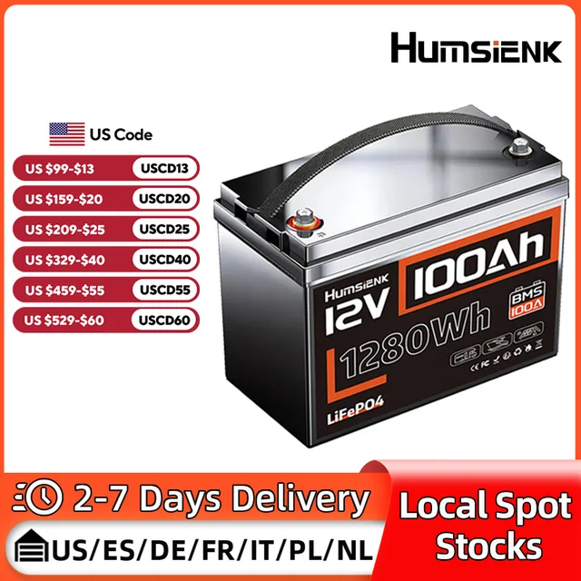 Humsienk 12V 100Ah Built-in 100A BMS Lithium Iron Phosphate Battery Packs For RV/ Vans/ Trolling Motor/Golf Cart/Camping/UL 1973