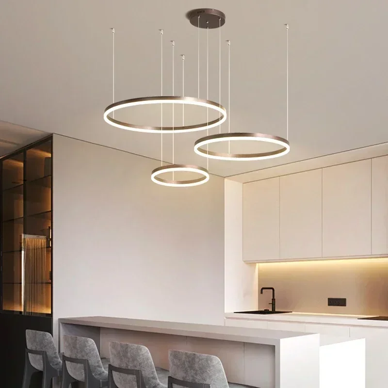 Modern Led Pendant Lights Home Lighting Brushed Rings Ceiling Mounted Chandelier Round Hanging Lamp Gold Coffee Color Lustre 3