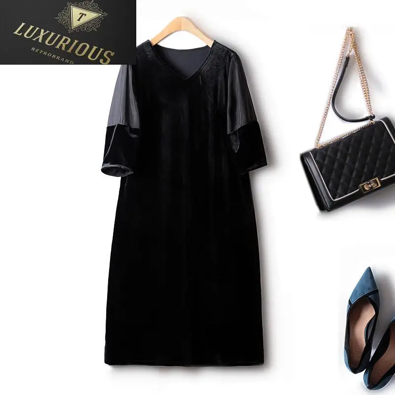 

Retro Casual Autumn Women's Dresses Stitching Straight Gold Velvet V-neck Lantern Sleeve Knee-length Elegant Female Dress 4XL