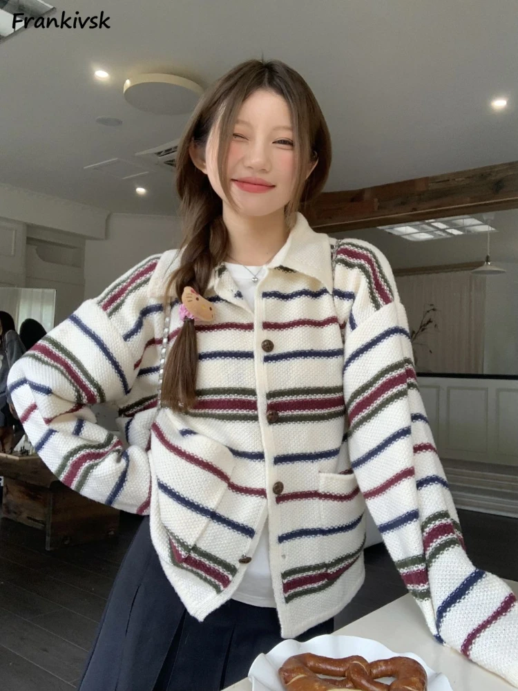 

Striped Cardigan Women Panelled Advanced Slouchy All-match Korean Style Knitwear Autumn Fashion Hipster Casual Sweet College New