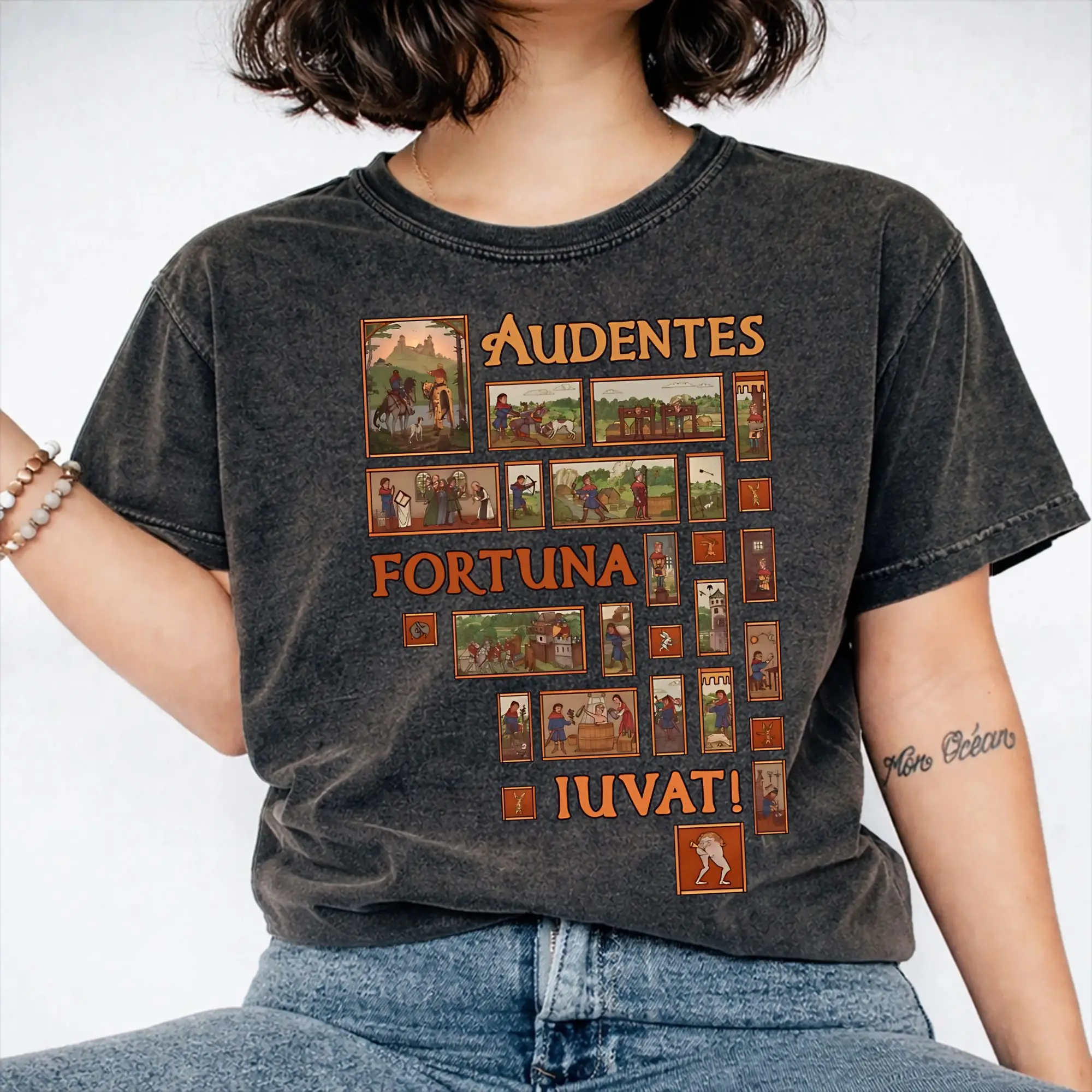 Grafisch bedruckte Audentes fortuna iuvat Kingdom Come Deliverances kcd Washed T-Shirts, Harajuku-T-Shirts für Männer und Frauen