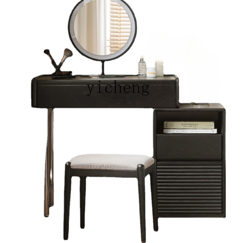 

Zc Solid Wood Makeup Table Bedroom Oak Retractable Dresser Simple Locker with Light Black Dresser