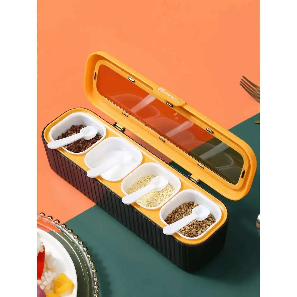 Seasoning Jar With 4 Compartments, Spoon Storage Box, Spices, Household Kitchen Supplies, Moisture-proof Oil, Salt Jar,