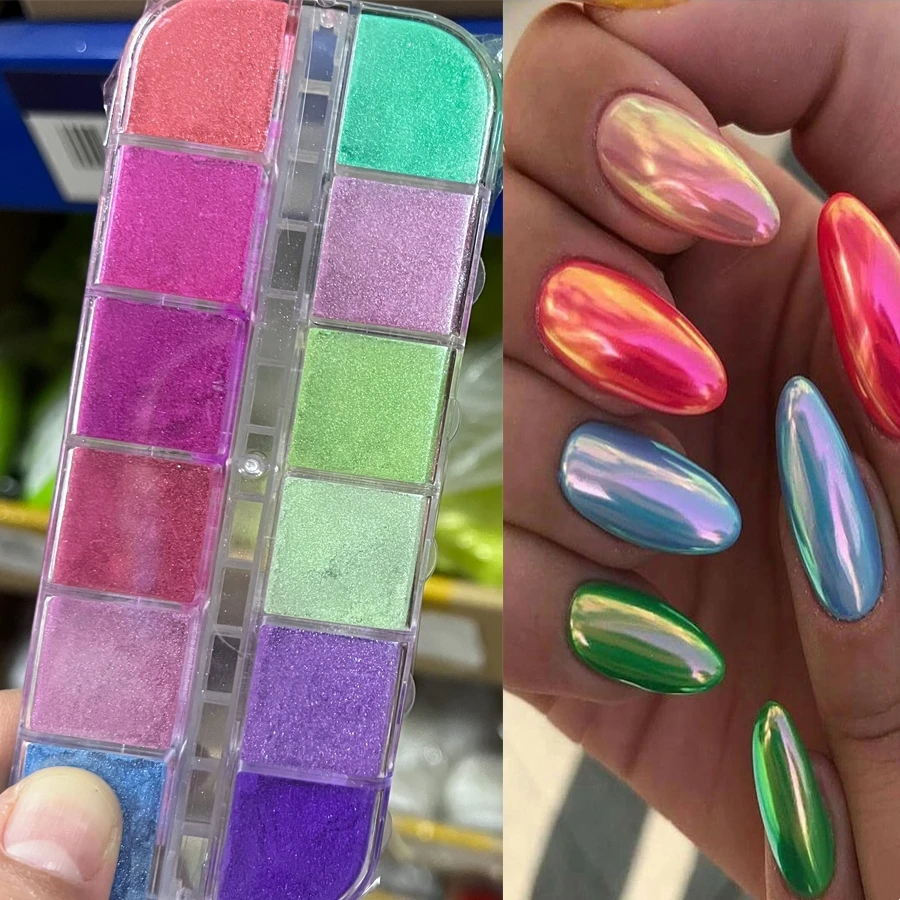12grids/Box Glitter Magic Mirror Dust Powder Chameleon Aurora Nail Art Mirror Neon Chrome Fluorescent Effect Pigment Nail Decor