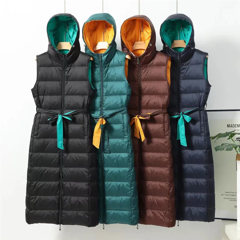 

Осенне-зимний длинный пуховой жилет с капюшоном, Женский легкий жилет на белом утином пуху, теплые парки, Женская облегающая куртка без рукавов