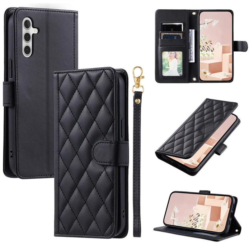 thumbnail image 1 of Funda de cuero a cuadros para Samsung Galaxy A55, A54, A53, A52, A35, A34, A25, A24, A23, A14, A15, A12, A16, 5G, con ranura para tarjetas, 1 of 5