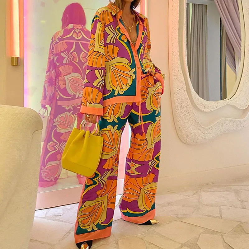 

Women's Clothing 2024 Summer Loose Print Sleeved Shirt Ethnic Style Long Pants Casual Fashion Set