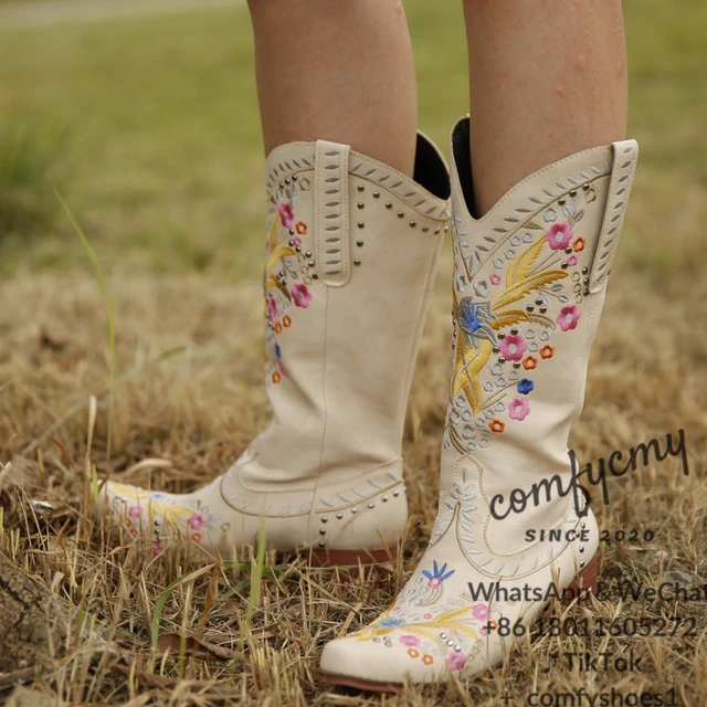 Botas vaqueras bordadas para mujer, zapatos de tacón grueso, Punta puntiaguda, botas occidentales, botas de cuña sin cordones, 2022 - AliExpress Mobile