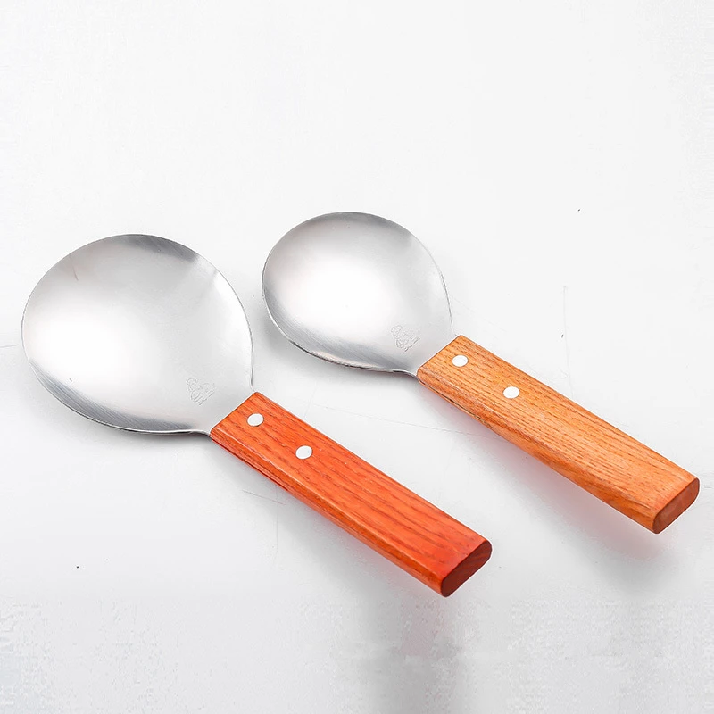 304 Stainless Steel Rice Spoon Wooden Handle Kitchen Shovels Thick Anti-scalding Mixing Spoons Table Service Non-stick