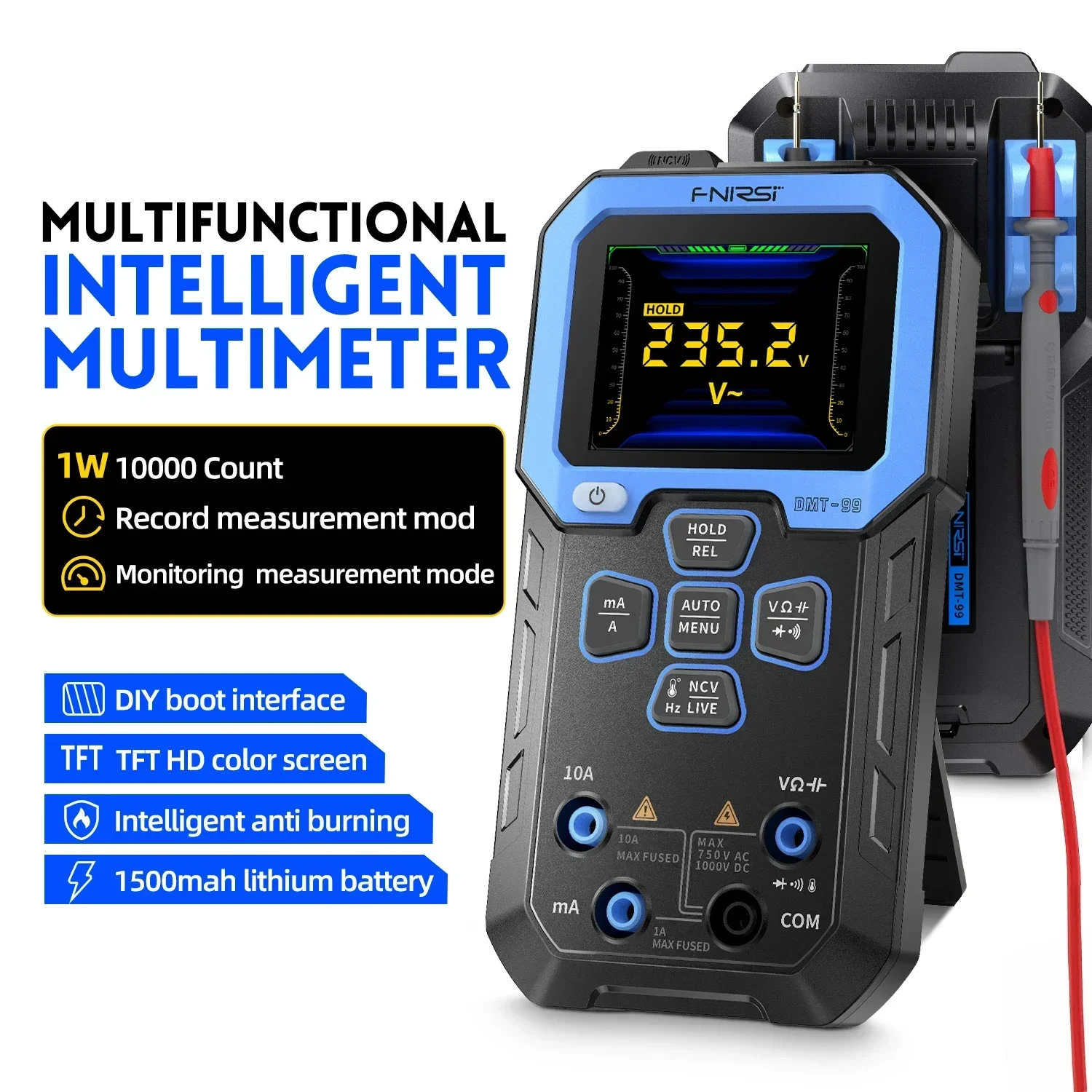 FNIRSI Digital Smart Multimeter 10000 Counts True RMS AC/DC Auto Voltmeter Ammeter Intelligent Anti-burn Diode NVC Tester DMT-99