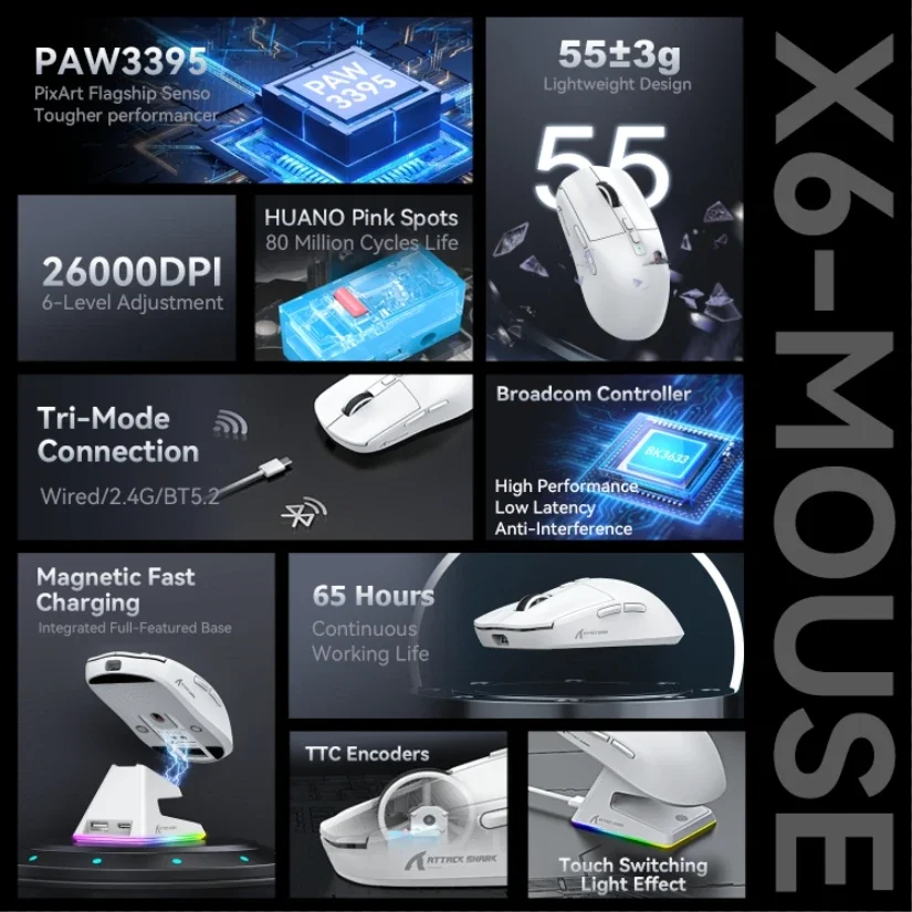 Gaming Mouse X6 PAW3395 Bluetooth Mouse Tri-Mode Connection RGB Touch Magnetic Charging Base Macro Gaming Mouse