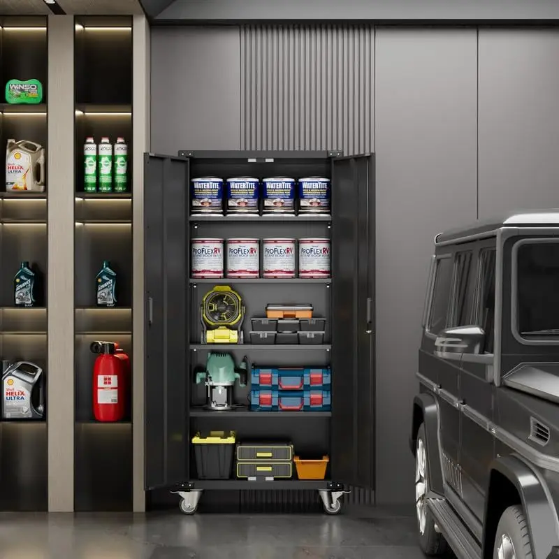 Garage Storage Cabinet with Wheels,72" H Metal Storage Cabinet with 2 Doors and 4 Adjustable Shelves for Garage Home